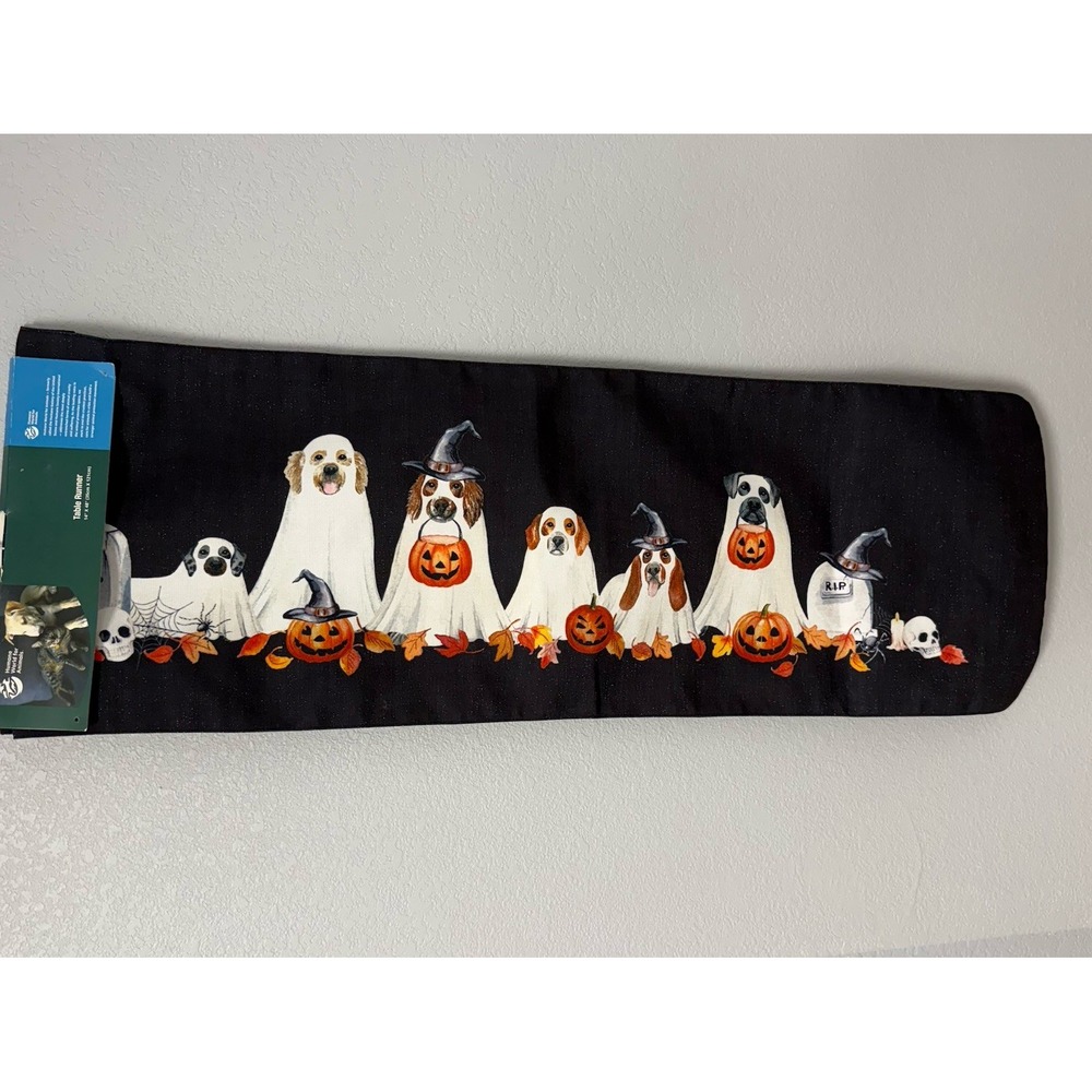 NWT Halloween Ghost Dogs Table Runner 14 x 48 Black Metallic Costume Dog Print